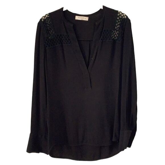 Sandro V-Neck Long Sleeve Blouse Lace Shoulder Women's Black Size 1 US Small - Picture 6 of 6